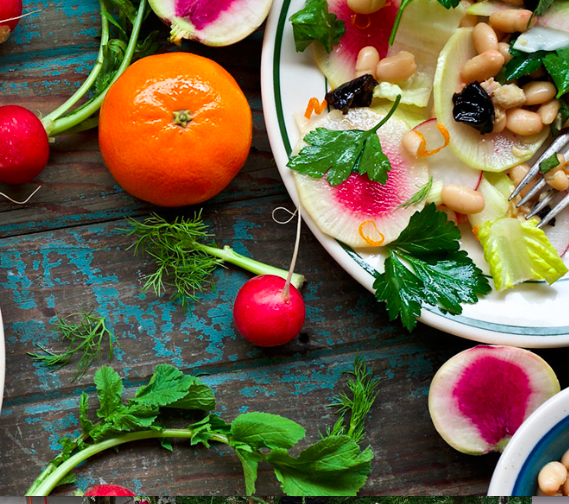 white bean, tuna, radish and tangerine salad