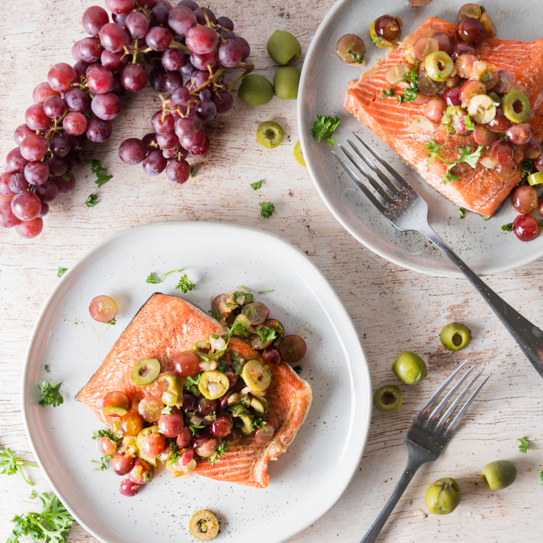 summer salmon with grapes and olives