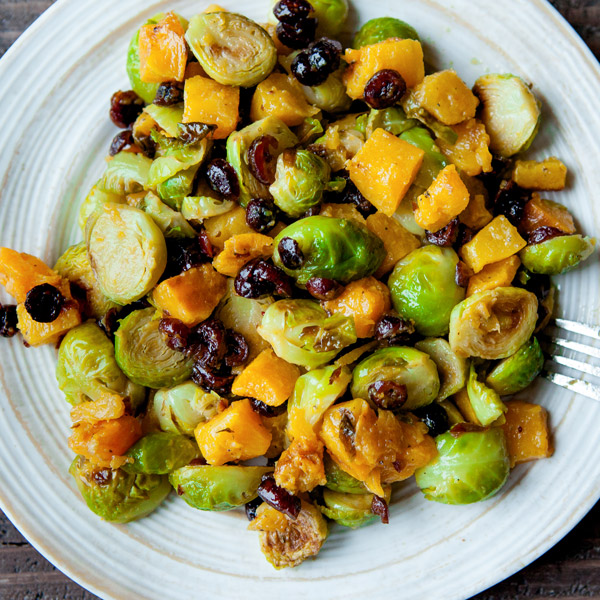 roasted brussels sprouts and squash with dried cranberries