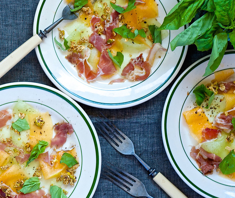 heirloom melon, prosciutto and savory granola salad