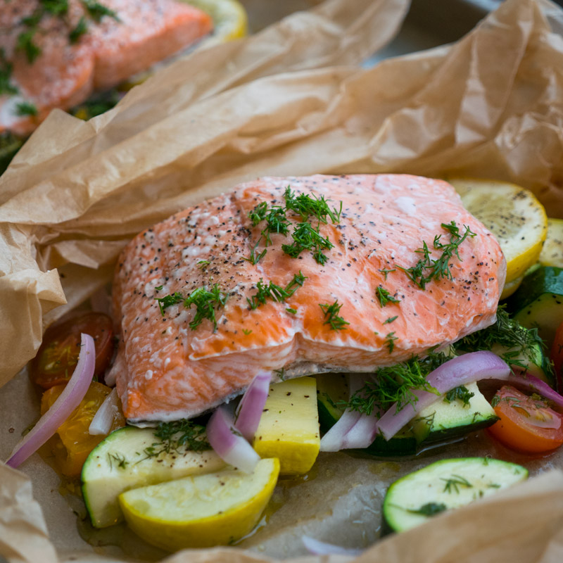 summer veggie parchment salmon