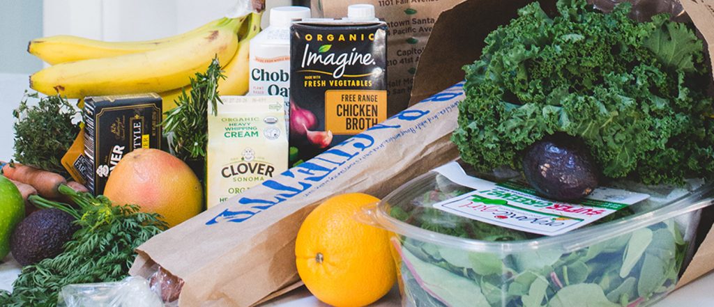 New Leaf groceries on a kitchen counter.