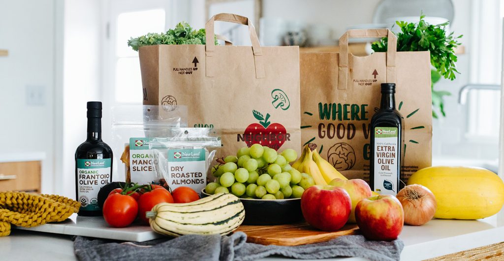 New Leaf groceries on a kitchen counter.