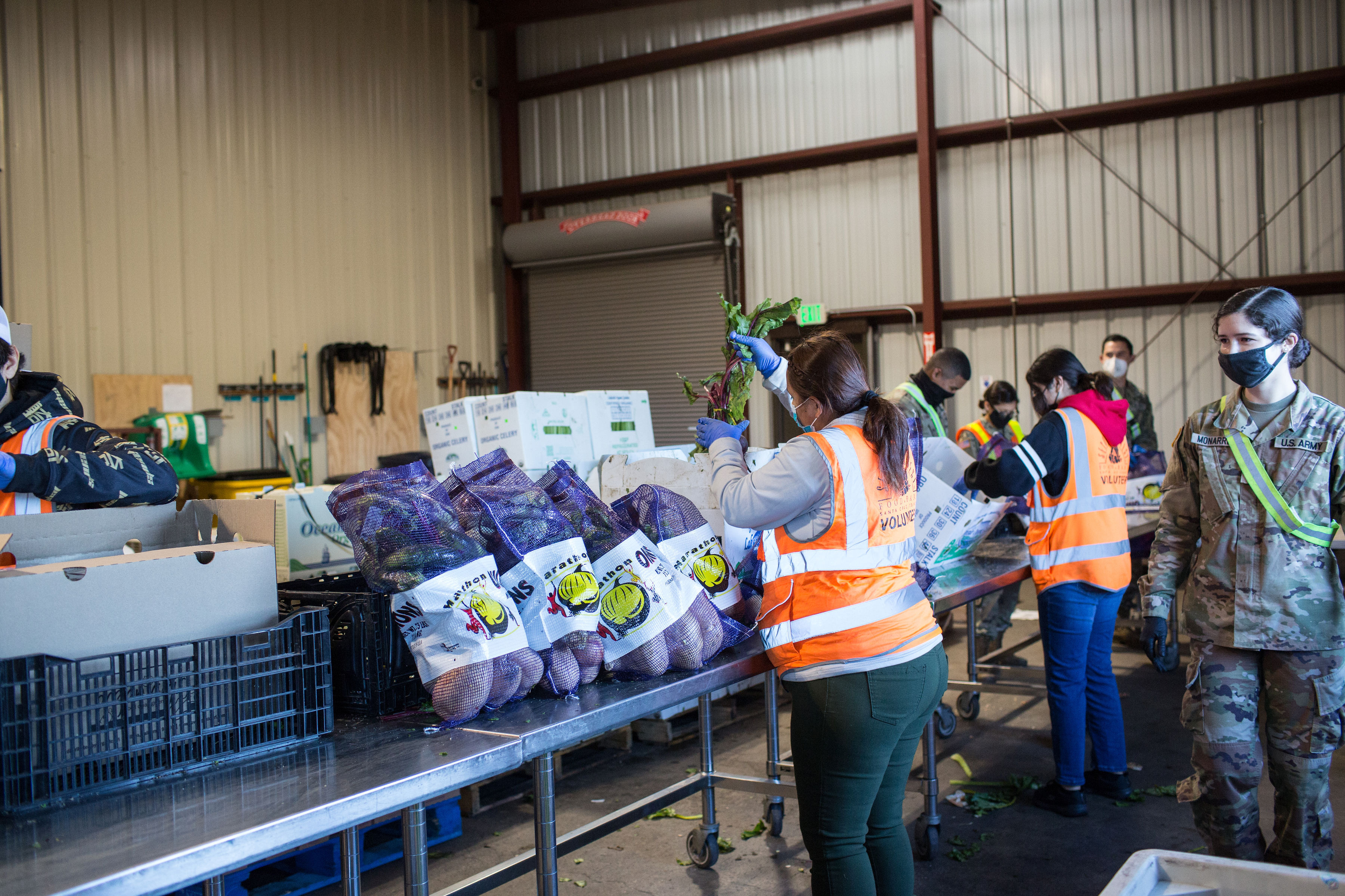 volunteers packing up food