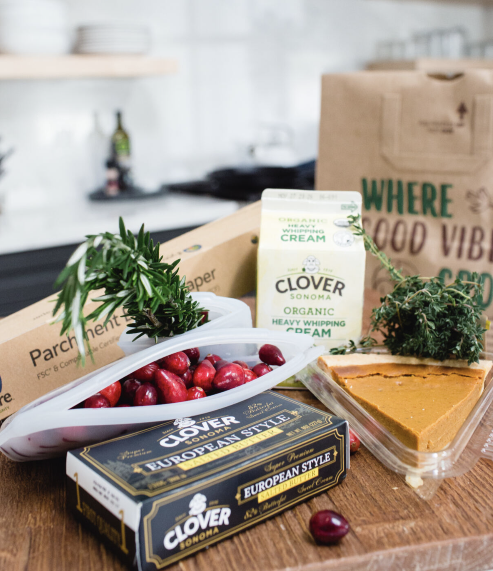 groceries in a "greater good" bag