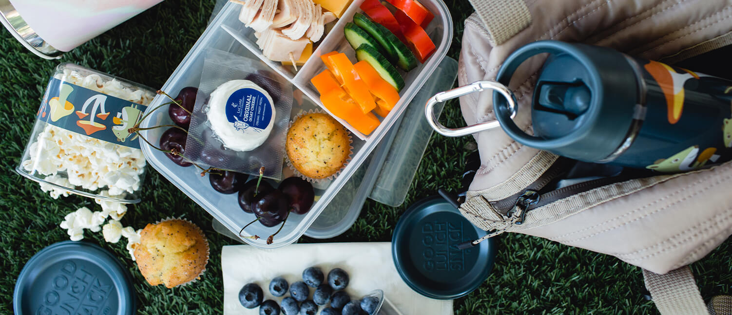 an overhead shot of a picnic spread with water bottles, fresh fruit, vegetables, chevre, and popcorn.