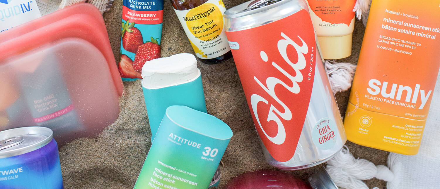 a spread with sunscreen, canned beverages and more!
